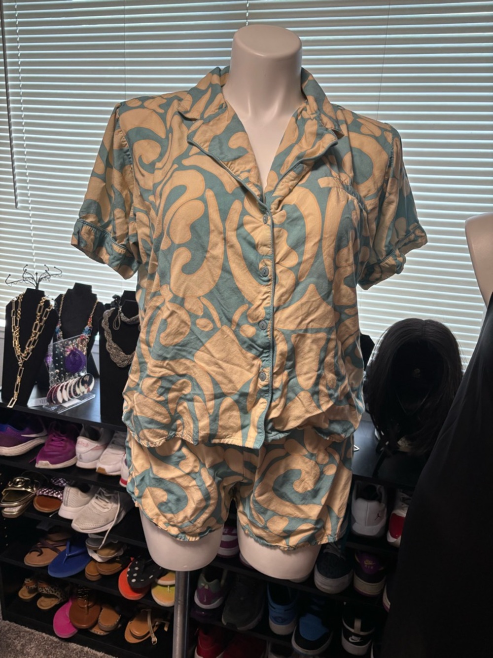Woven Short Sleeve Summer Set in Teal & Cream - Women's Two-Piece Short set